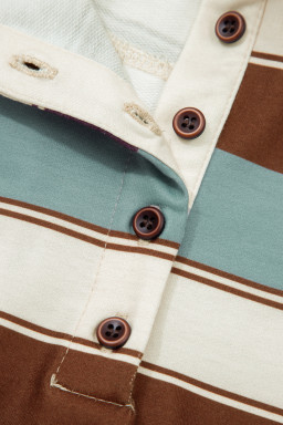 White Stripe Button Polo Collar Tee Drawstring Elastic Waist Patchwork 2pcs Short Set