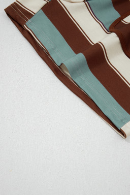 White Stripe Button Polo Collar Tee Drawstring Elastic Waist Patchwork 2pcs Short Set