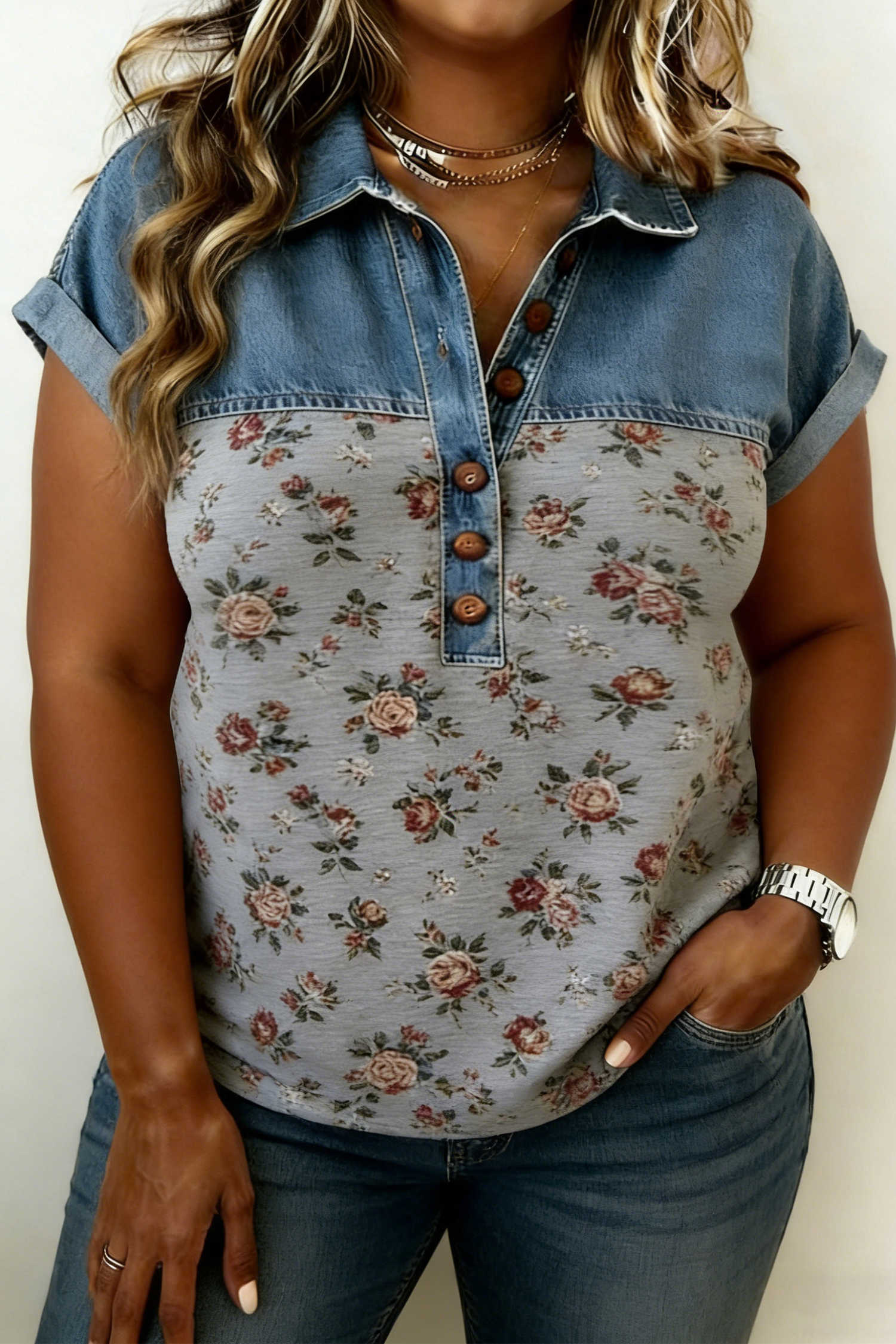Gray Retro Floral Print Denim Patchwork Plus Size Polo Tee
