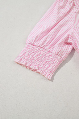 Pink Stripe Shirred Detail V Neck Puff Half Sleeve V Neck Blouse