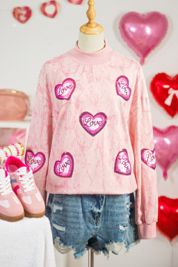 Pink Tie Dye Camo Sequin Love Heart Patched Mock Neck Sweatshirt