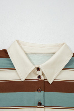 White Stripe Button Polo Collar Tee Drawstring Elastic Waist Patchwork 2pcs Short Set