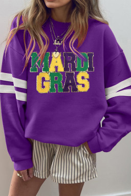 Tillandsia Purple Mardi Gras Patched Graphic Varsity Sweatshirt