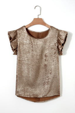 Gold Metallic Round Neck Ruffle Trim Sleeveless Top