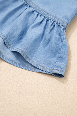 Beau Blue Half Sleeve Button Down Ruffled High Low Chambray Shirt