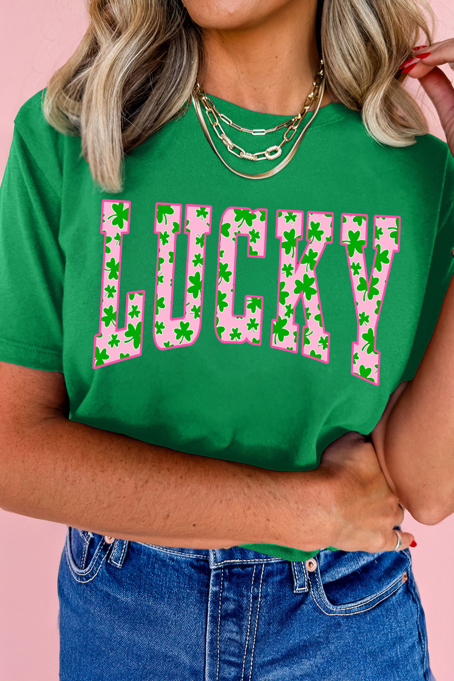 Bright Green LUCKY Clover Letter Printed Crew Neck T Shirt