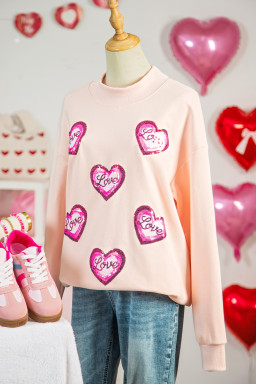 Apricot Pink Sequin Love Heart Patched Mock Neck Sweatshirt