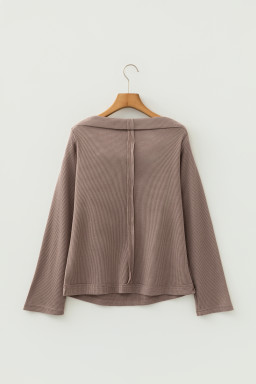 Old Rose Solid Color Waffle Knit Asymmetric Neck Long Sleeve Top