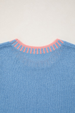 Sky Blue Contrast Trim Round Neck Sleeveless Sweater