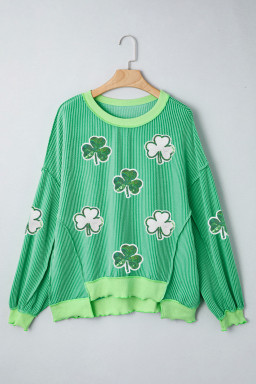 Bright Green Twisted Rib Sequin Clover Patched Color Block Detail Loose Pullover Top