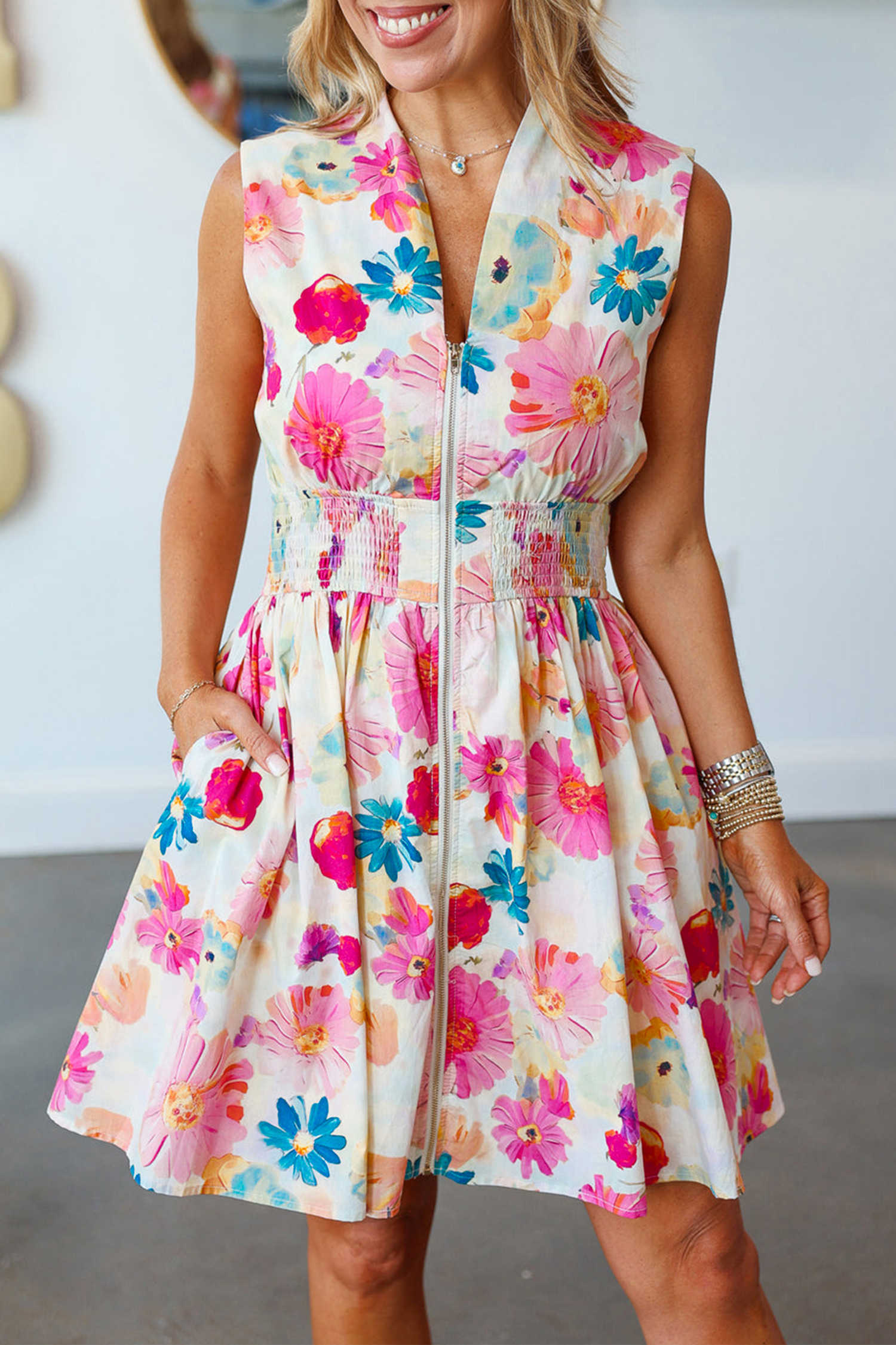 Pink Adorable Floral Print V Neck Zip Up Smocked Waist Flared Mini Dress