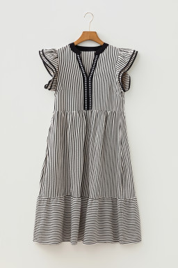 Black Stripe Double Ruffled Short Sleeve Contrast Trim V Neck Midi Dress