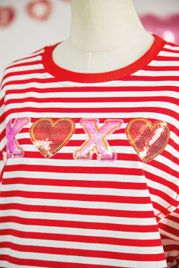 Red Stripe XOXO Sequin Heart Patched Valentines Day Long Sleeve Top