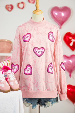 Pink Tie Dye Camo Sequin Love Heart Patched Mock Neck Sweatshirt