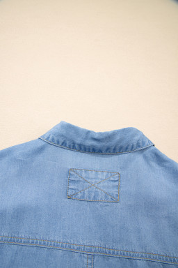 Beau Blue Half Sleeve Button Down Ruffled High Low Chambray Shirt