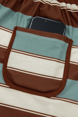 White Stripe Button Polo Collar Tee Drawstring Elastic Waist Patchwork 2pcs Short Set