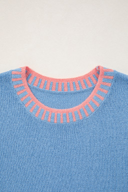 Sky Blue Contrast Trim Round Neck Sleeveless Sweater