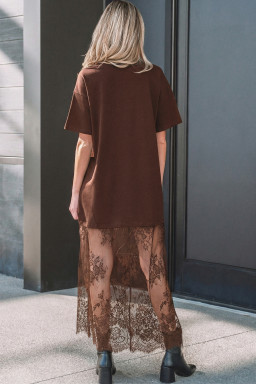 Red Sandalwood Floral Patchwork Short Sleeve T Shirt Loose Maxi Dress