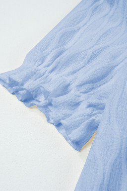 Beau Blue Solid Color Textured Notched Neck Puff Sleeve Blouse