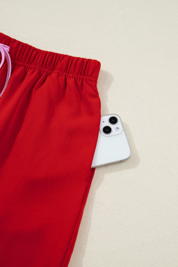 Fiery Red Contrast Trim Ribbon Bow Short Silky 2pcs Pajama Set