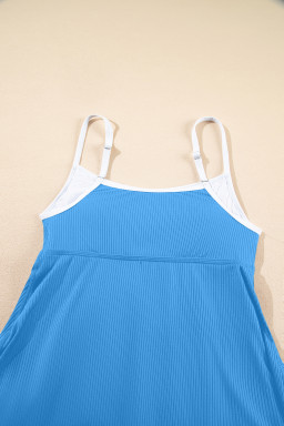 Dusk Blue Color Block Edge Ribbed Pocketed Lined Swim Dress