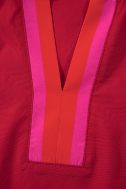 Fiery Red Striped Frilled Collar Ruffled Short Sleeve Blouse