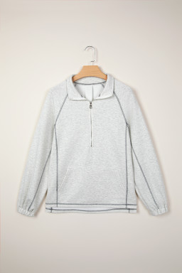 Light Grey Half Zip Stand Neck Seam Detail Long Sleeve Top