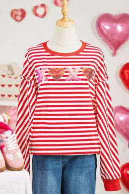Red Stripe XOXO Sequin Heart Patched Valentines Day Long Sleeve Top