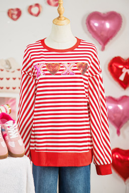 Red Stripe XOXO Sequin Heart Patched Valentines Day Long Sleeve Top