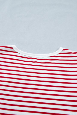 Red Stripe Contrast Trim Round Neck Short Puff Sleeve T Shirt