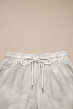 Beige Vintage Tie Dye Bracelet Sleeve Drawstring Elastic Waist 2pcs Short Set