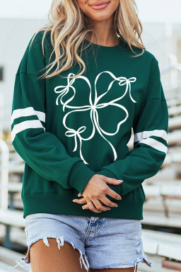 Evergreen Ribbon Bow Lucky Clover Varsity Striped Sleeve Casual Sweatshirt