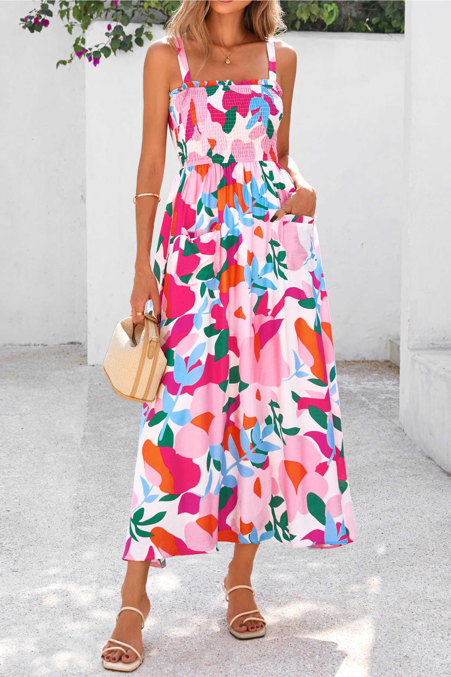 Pink Floral Print Adjustable Straps Smocked High Waist Sundress