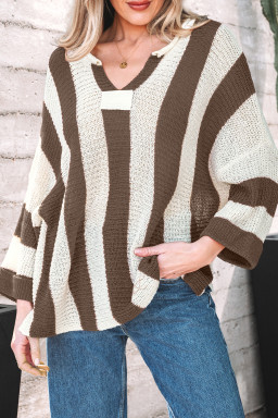 Brown Stripe Colorblock V Neck Bracelet Sleeve Sweater