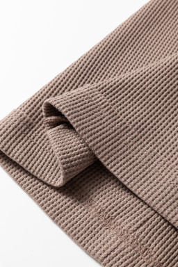 Old Rose Solid Color Waffle Knit Asymmetric Neck Long Sleeve Top