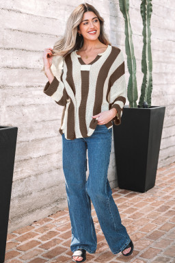 Brown Stripe Colorblock V Neck Bracelet Sleeve Sweater
