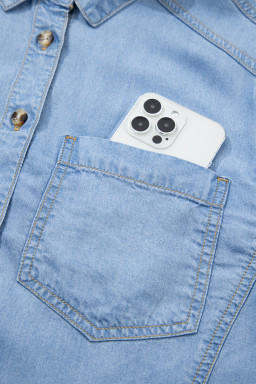 Beau Blue Half Sleeve Button Down Ruffled High Low Chambray Shirt