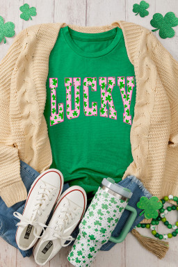 Bright Green LUCKY Clover Letter Printed Crew Neck T Shirt