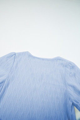 Beau Blue Solid Color Textured Notched Neck Puff Sleeve Blouse