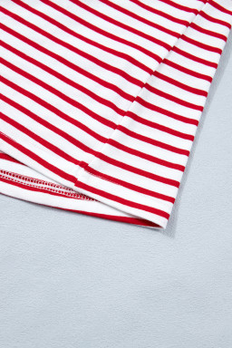 Red Stripe Contrast Trim Round Neck Short Puff Sleeve T Shirt