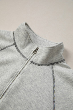 Light Grey Half Zip Stand Neck Seam Detail Long Sleeve Top