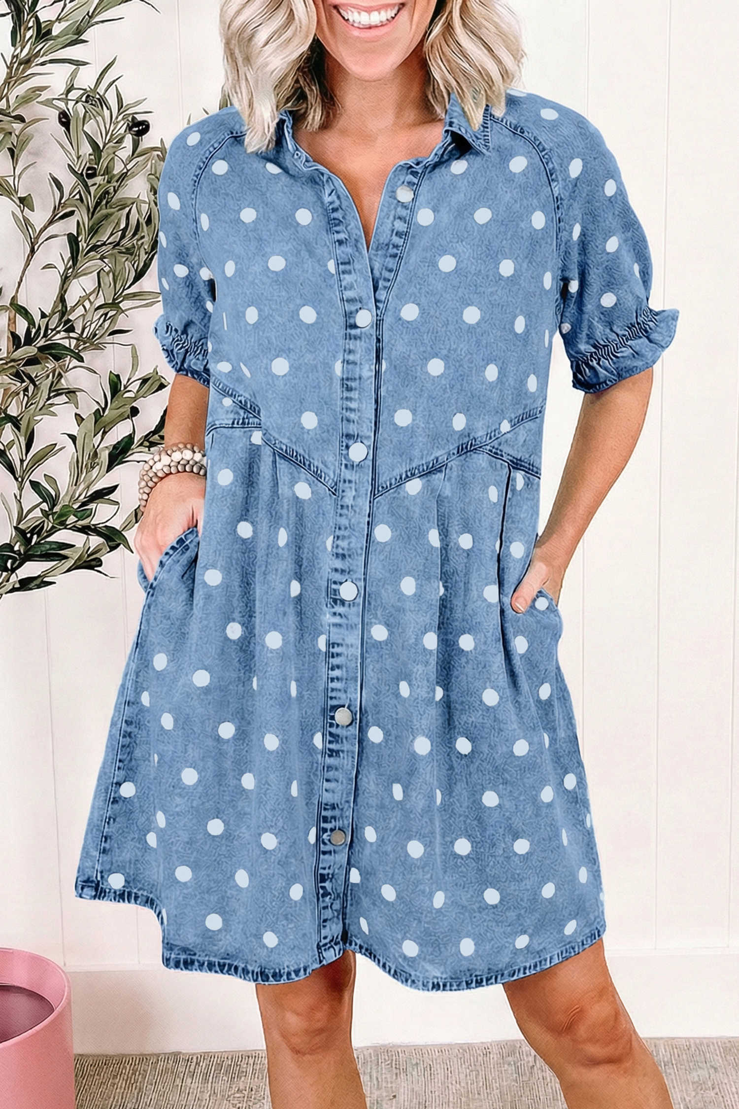 Sky Blue Polka Dot Print Ruffled Short Puff Sleeve Button Down Loose Denim Dress