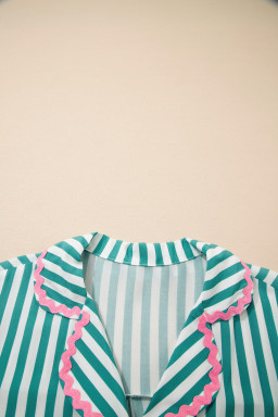 Green Stripe Contrast Ricrac Trim Long Sleeve Shirt Drawstring Ruffled Pajama Short Set