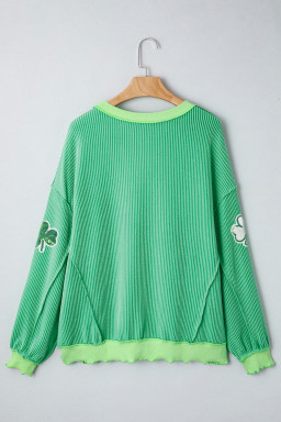Bright Green Twisted Rib Sequin Clover Patched Color Block Detail Loose Pullover Top