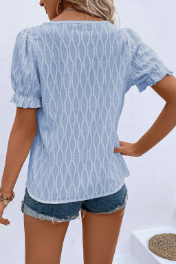 Beau Blue Solid Color Textured Notched Neck Puff Sleeve Blouse