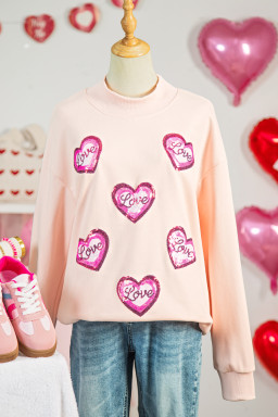 Apricot Pink Sequin Love Heart Patched Mock Neck Sweatshirt