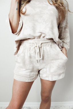 Beige Vintage Tie Dye Bracelet Sleeve Drawstring Elastic Waist 2pcs Short Set