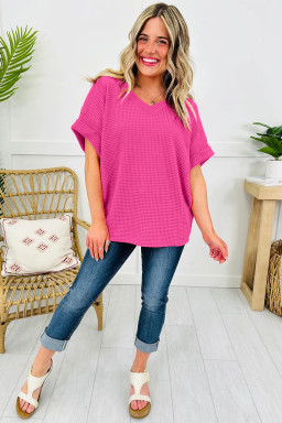 Strawberry Pink Waffle V Neck Short Sleeve Knit Top