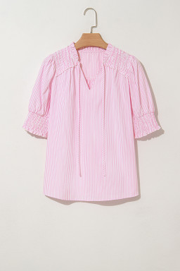 Pink Stripe Shirred Detail V Neck Puff Half Sleeve V Neck Blouse