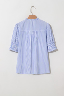 Sky Blue Stripe Shirred Detail V Neck Puff Half Sleeve V Neck Blouse